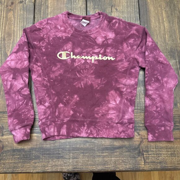 Champion Women's Reverse Weave Maroon Tie Dye Spellout Logo Sweatshirt Size XS - Picture 2 of 7